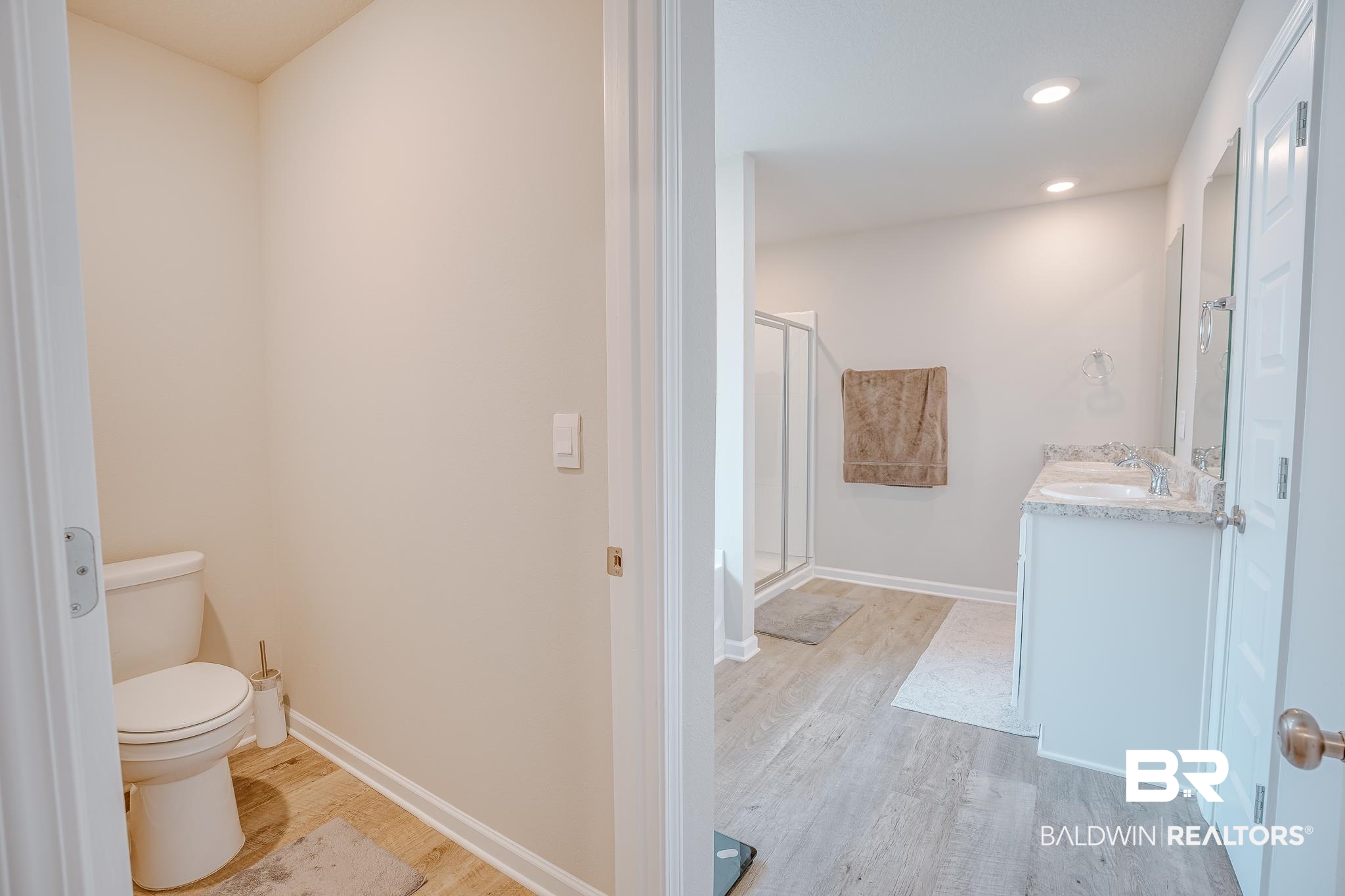 8242 Sycamore Way Semmes, AL 36575 - Photo 25 of 43 Bathroom with wood finished floors, a shower stall, vanity, and recessed lighting