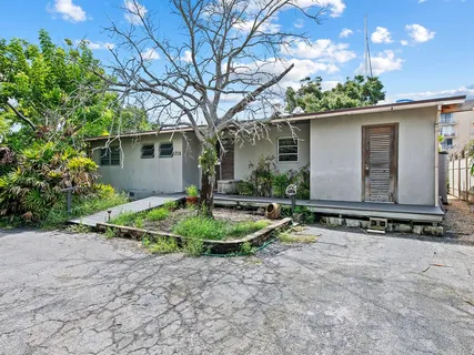 a backyard of a house with plants and trees