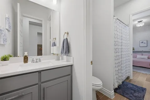 a bathroom with a sink a toilet and a mirror