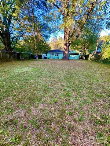 a view of a yard with plants and trees