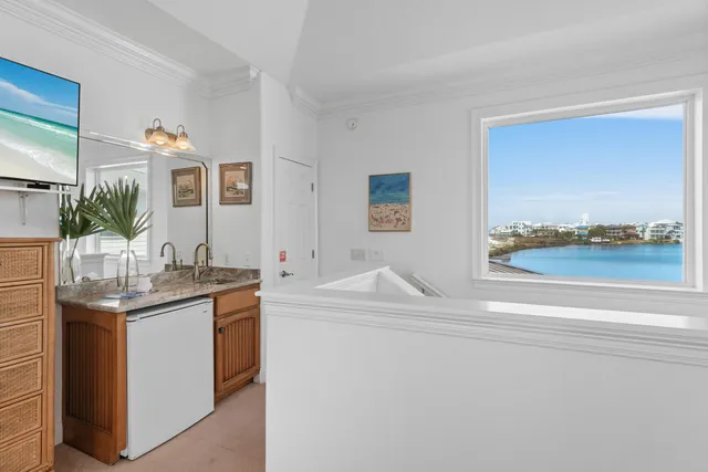 a view of a building with sitting area