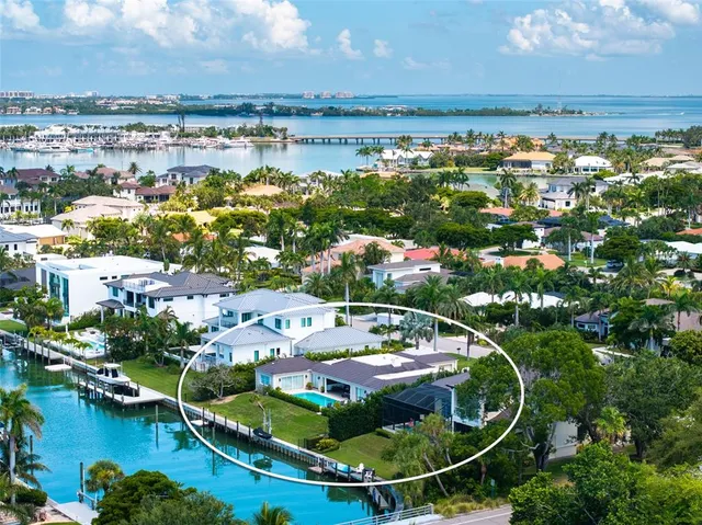 an aerial view of residential houses with outdoor space and lake view