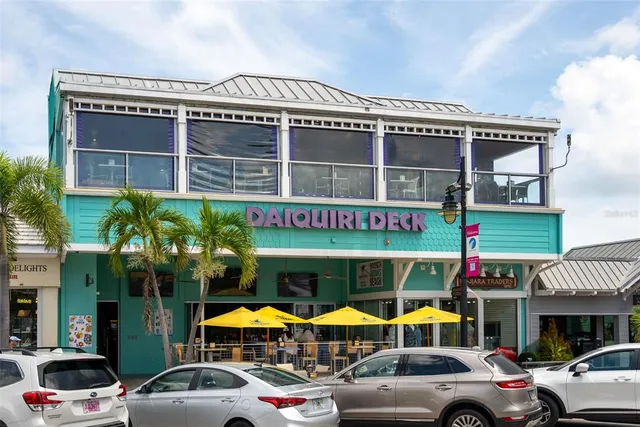 a view of a lake with a big yard and palm trees