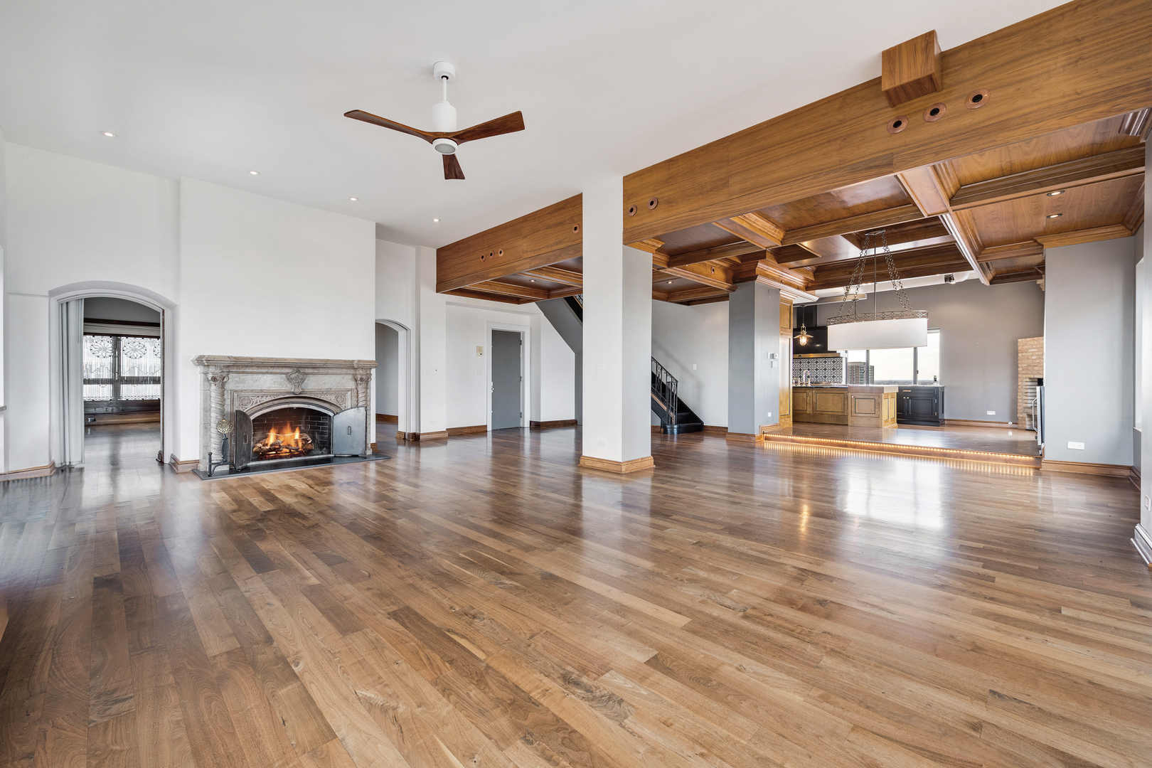 707 West Jr Terrace, Unit PH12 Chicago, IL 60613 - Photo 4 of 41 a view of a livingroom with fireplace wooden floor and a ceiling fan