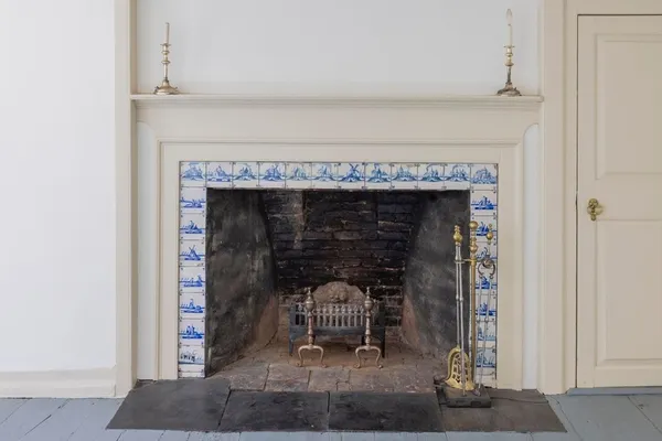 a living room with a fireplace