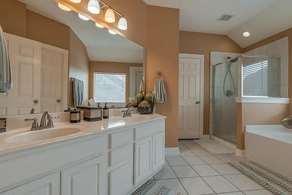a bathroom with a double vanity sink mirror and shower
