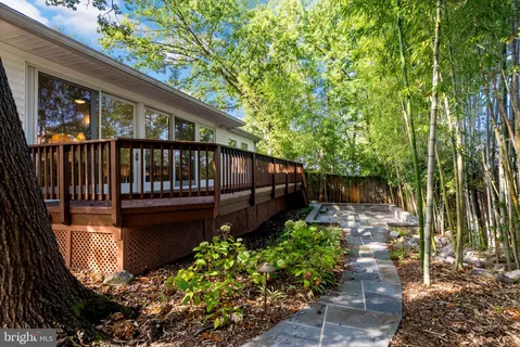 a view of a garden with patio