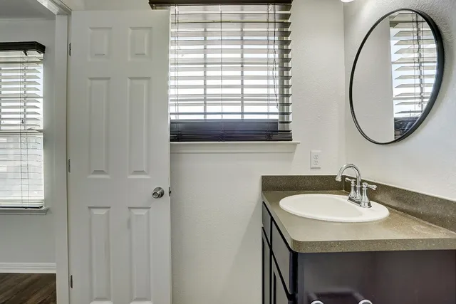 a bathroom with a sink and a mirror