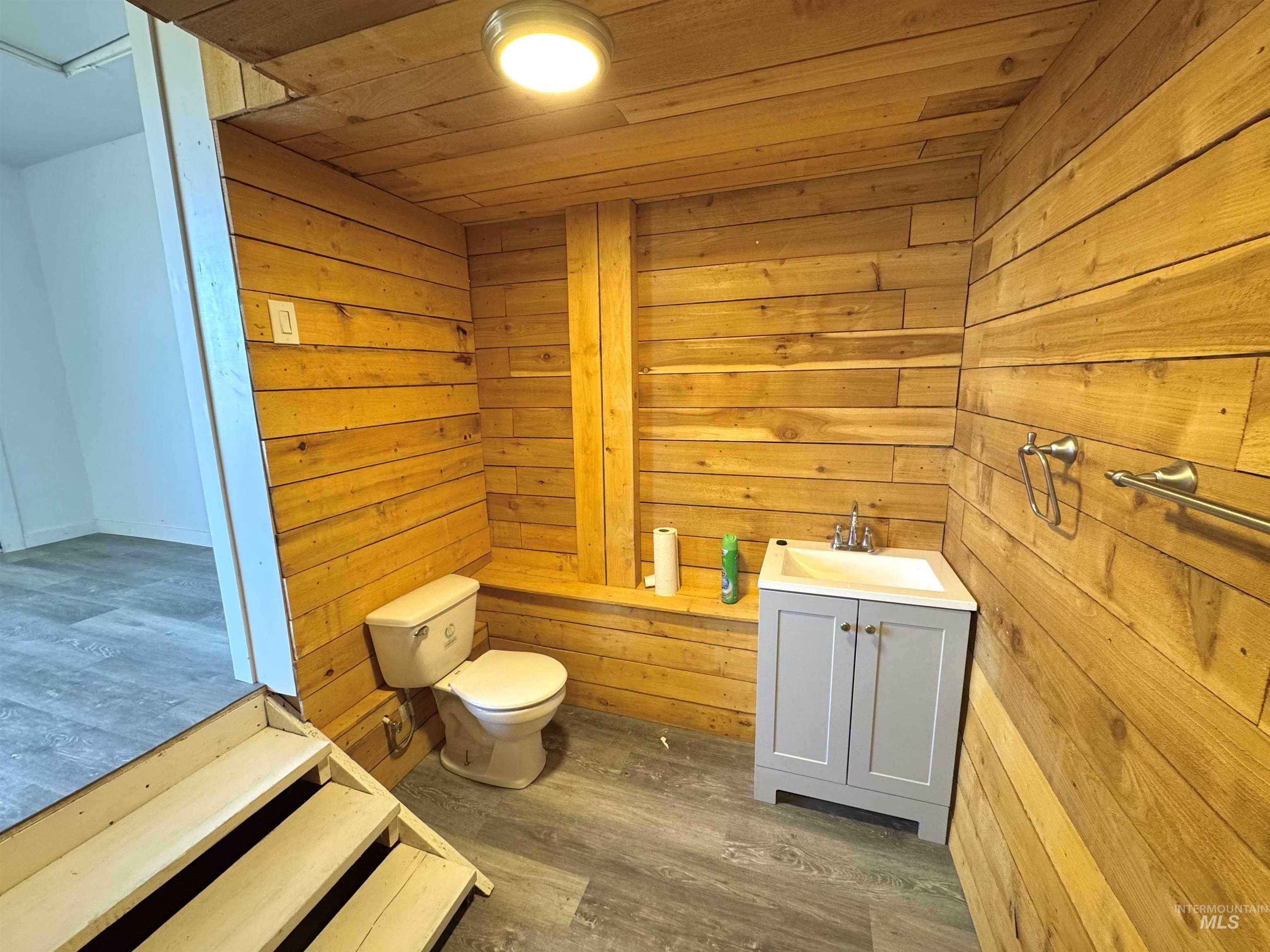 1030 Reams Road Moscow, ID 83843 - Photo 43 of 50 Apartment bathroom featuring vanity, dark wood finished floors, wood walls, and wood ceiling