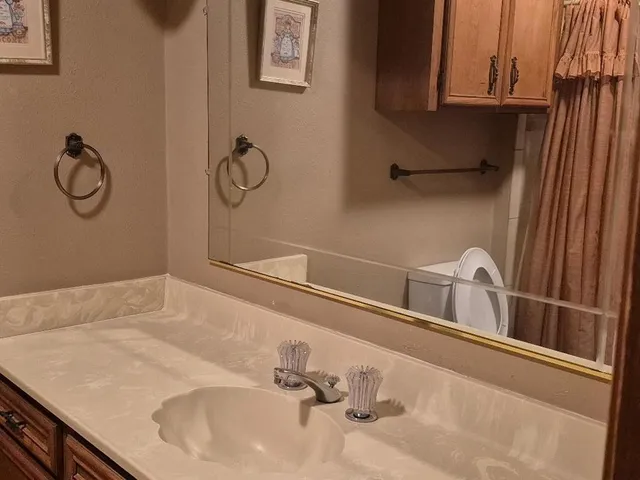 a bathroom with sink and mirror