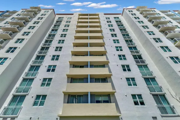 a front view of a tall building