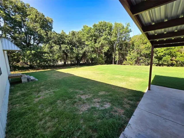 a view of a backyard with large trees
