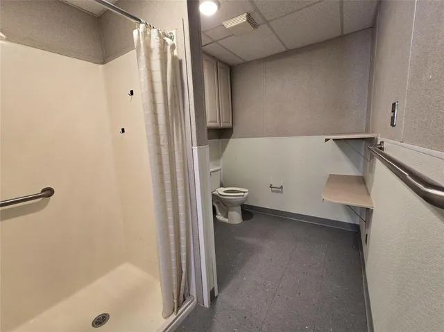 a bathroom with a shower and a toilet