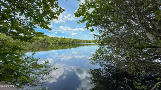 a view of a lake with houses in the back