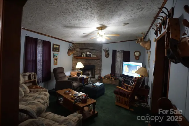 a living room with furniture a lamp and a chandelier