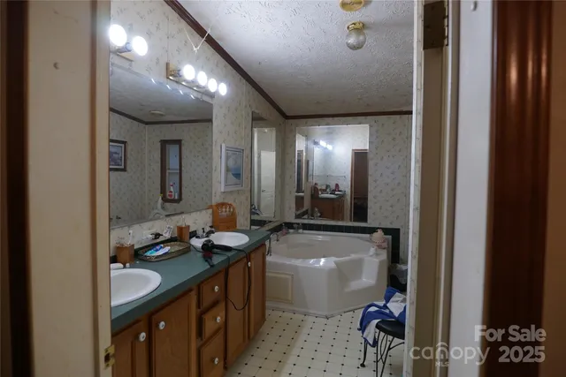 a bathroom with a double vanity sink and a mirror
