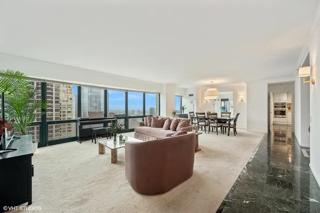 a living room with furniture a rug a potted plant and a large window