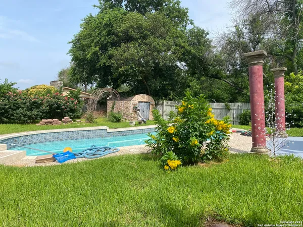 a view of a swimming pool with a big yard and large trees