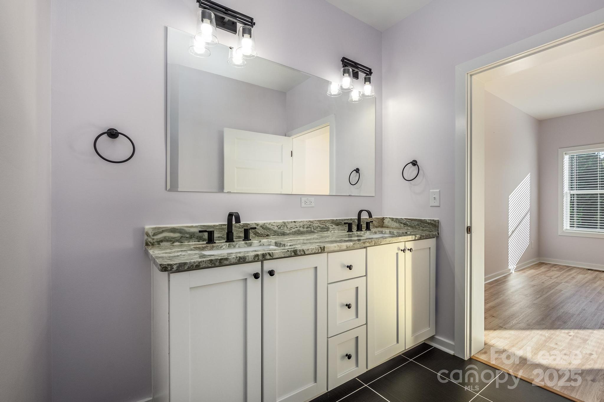 7039 Executive Circle Denver, NC 28037 - Photo 19 of 48 a bathroom with a granite countertop sink a mirror and a vanity