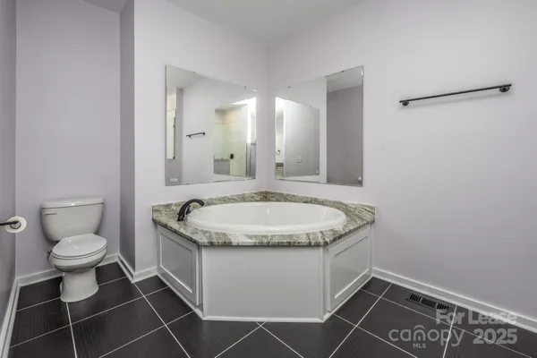 a bathroom with a granite countertop sink and a toilet