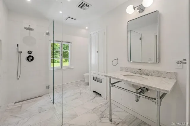 a bathroom with a sink a toilet and shower