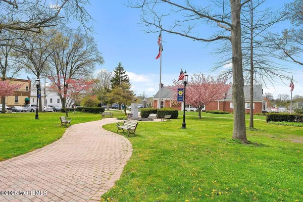 a view of a park with large trees