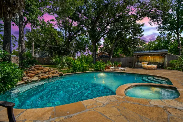 a view of a swimming pool with a garden
