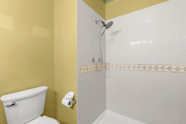 a bathroom with a shower and toilet
