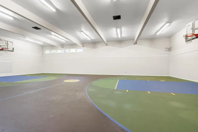 an aerial view of a pool