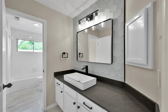 a bathroom with a sink and a mirror
