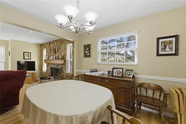 a view of a dining room with furniture