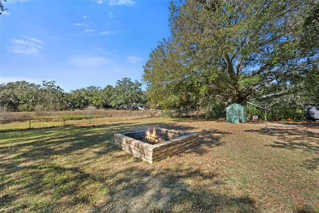 a view of a field with trees in background