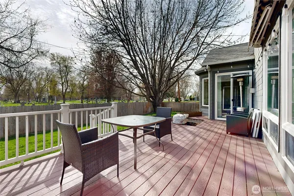 a view of a patio with a yard
