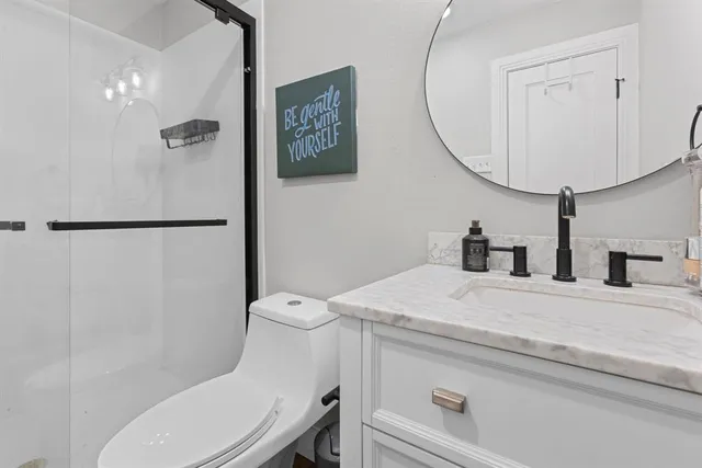 a bathroom with a sink a toilet and a mirror