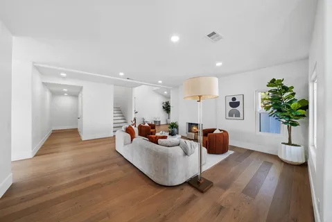 a living room with furniture and a potted plant