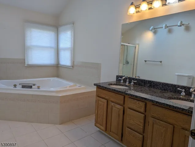 a bathroom with a tub sink and mirror
