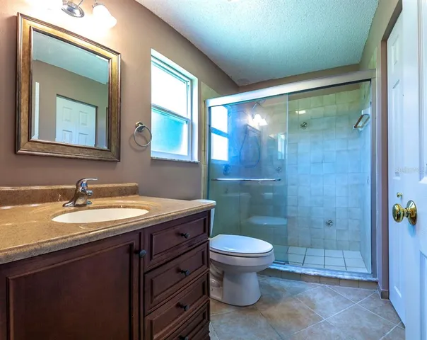 a bathroom with a granite countertop sink toilet a mirror and shower