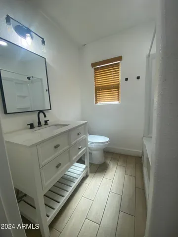 a bathroom with a sink a toilet and mirror