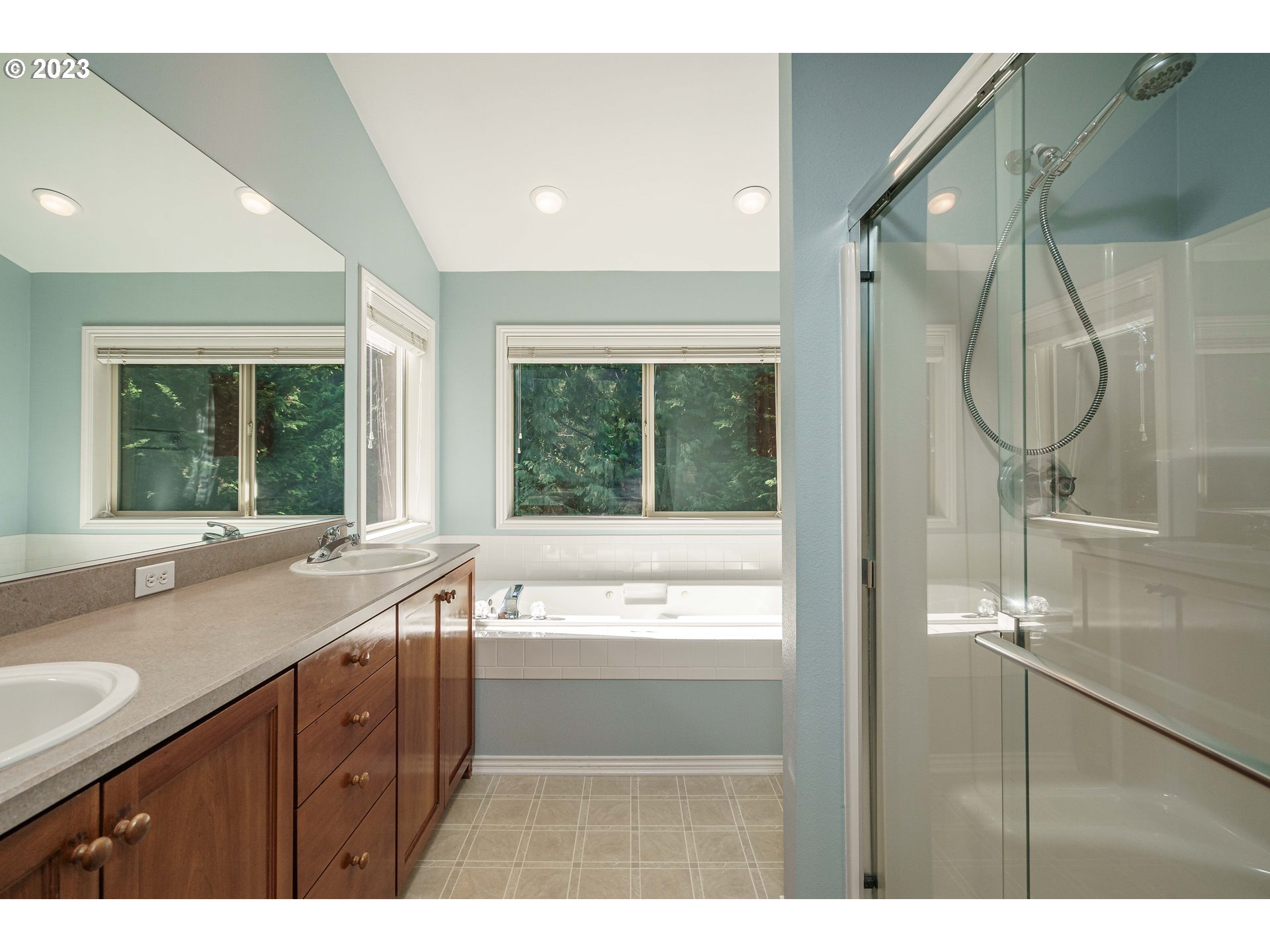 1601 Southeast Elliott Avenue Gresham, OR 97080 - Photo 17 of 48 a bathroom with a sink a large mirror and a bathtub next to a window