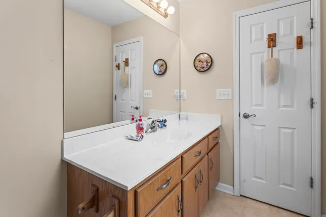 a bathroom with a sink vanity and a mirror