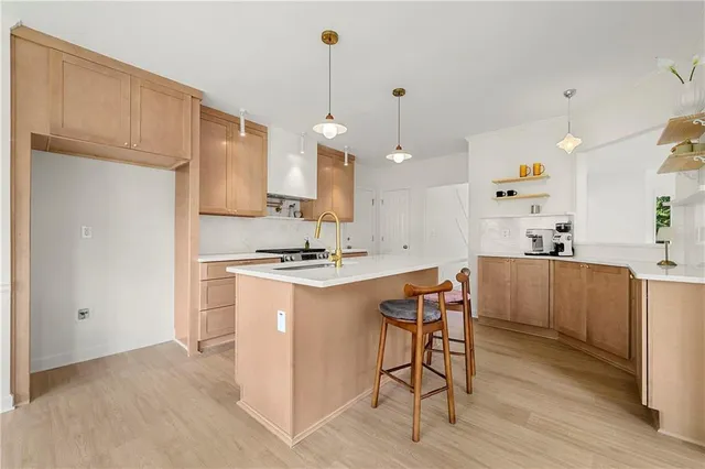 a kitchen with a sink a counter space and appliances