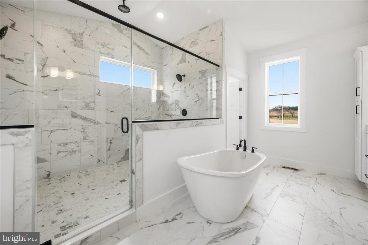 39762 Rivers Edge Lane Lovettsville, VA 20180 - Photo 66 of 118 Frameless shower with marble tile.