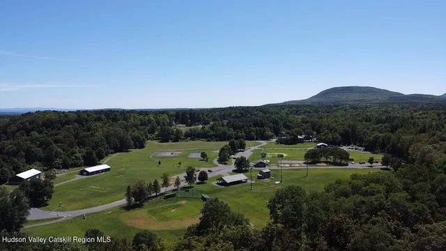 an aerial view of green landscape with trees houses and mountain view