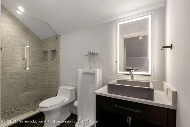 a bathroom with a sink toilet and mirror