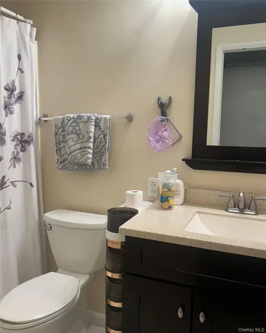a bathroom with a sink mirror and toilet
