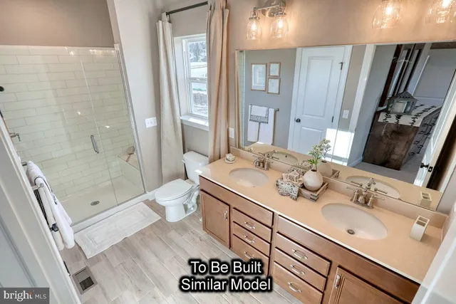 a bathroom with a sink a toilet a mirror and shower