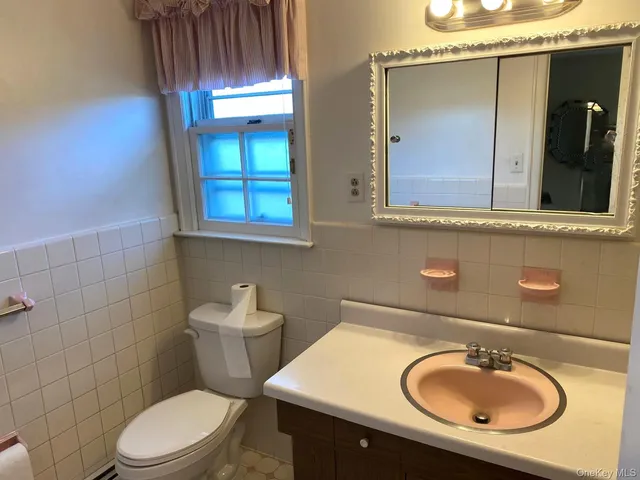 a bathroom with a sink a toilet and mirror
