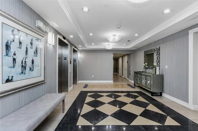 a hallway with black and white checkered floor