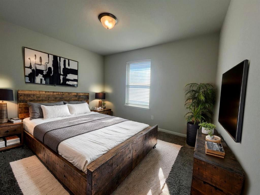 124 Old Stagecoach Road Jarrell, TX 76537 - Photo 16 of 40 a bedroom with a large bed and a flat tv screen on a dresser