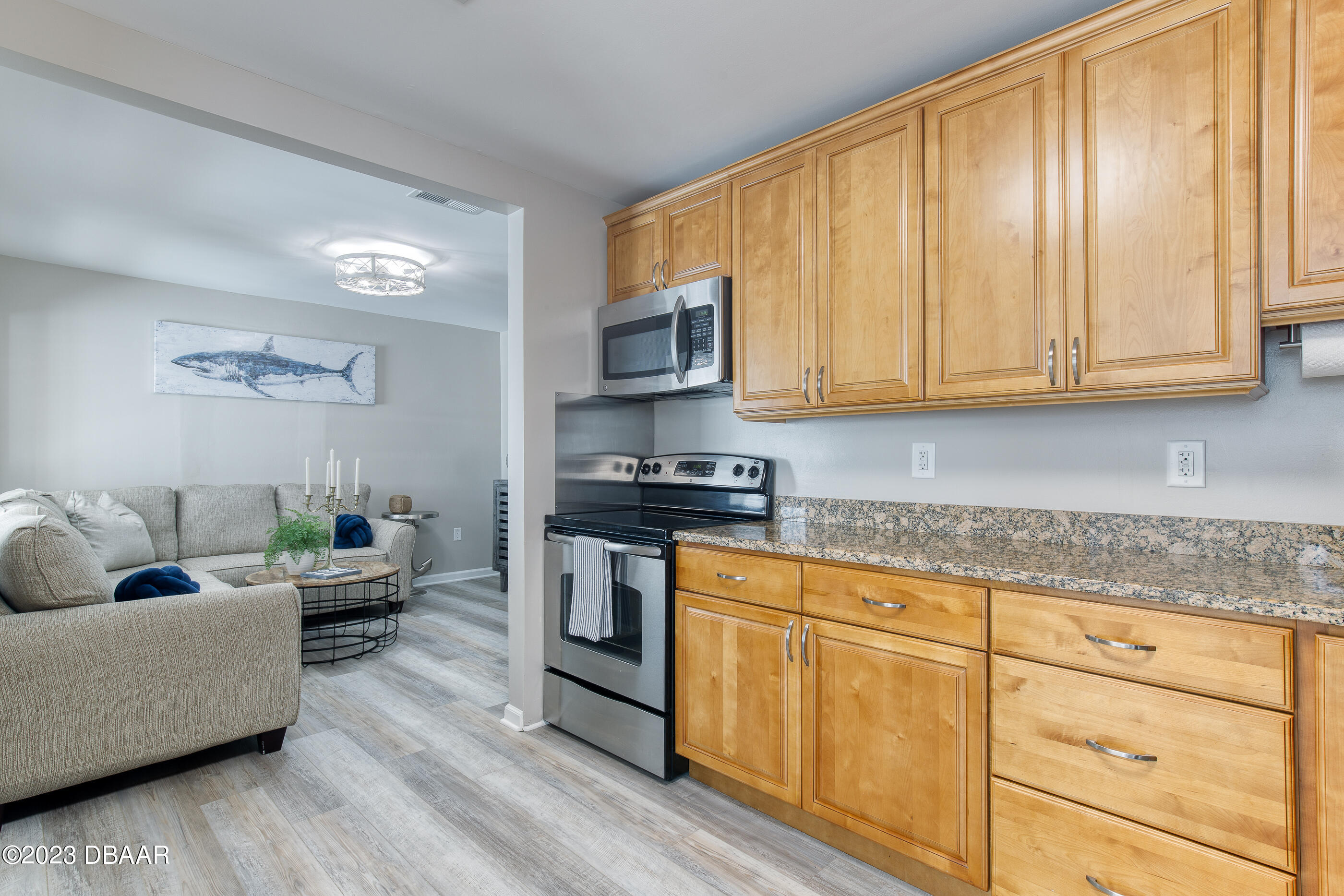 103 Roberta Road Ormond Beach, FL 32176 - Photo 15 of 56 a living room with stainless steel appliances granite countertop a stove a sink and white cabinets
